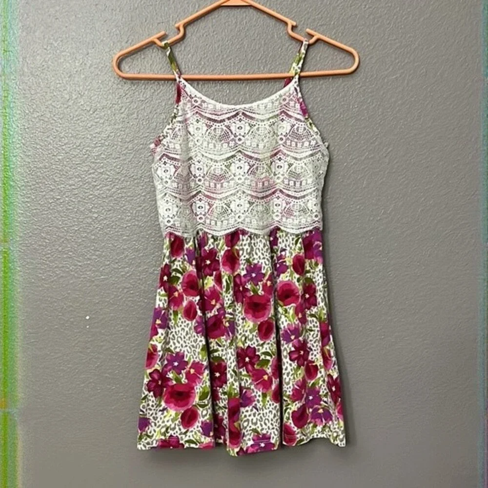 The Children’s Place Lace Top Floral Dress Spaghetti Strap Animal Print 10/12 L
